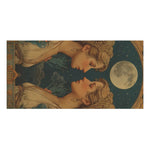 Gemini Zodiac Art towel detail — horizontal crop of twin women in ornate headpieces gazing at moon on starry blue ground