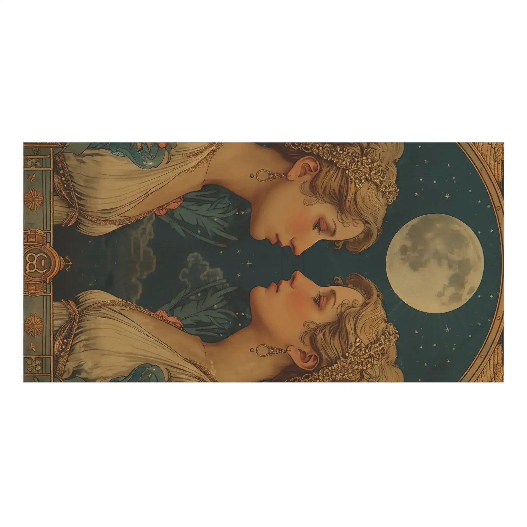 Gemini Zodiac Art towel detail — horizontal crop of twin women in ornate headpieces gazing at moon on starry blue ground