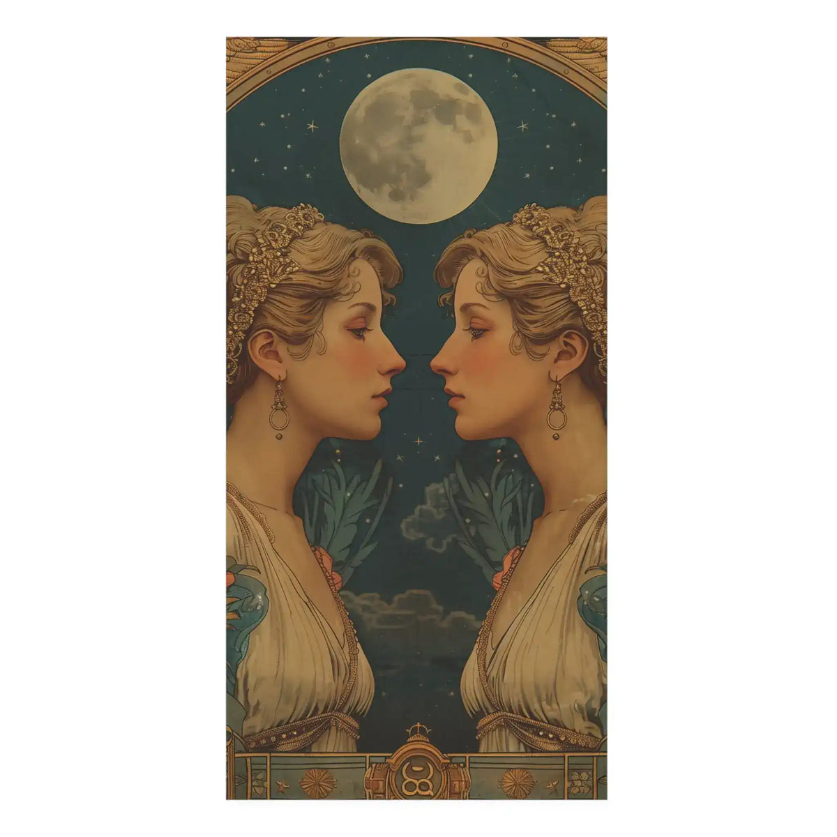 Vintage art nouveau twin women facing across a moon-lit starry sky — Gemini Zodiac Art bath towel front print