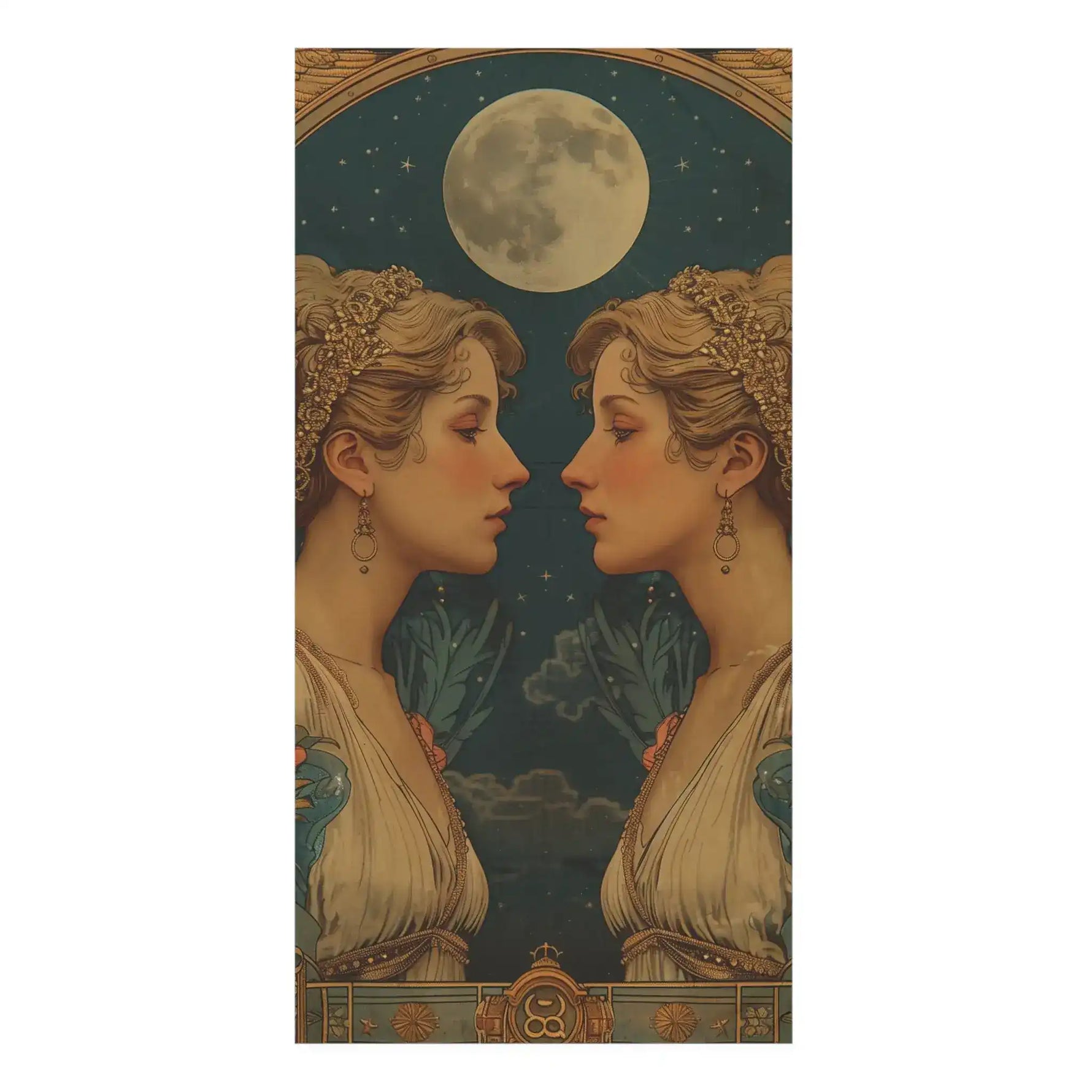 Vintage art nouveau twin women facing across a moon-lit starry sky — Gemini Zodiac Art bath towel front print