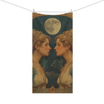Gemini Zodiac Art bath towel pinned on clothesline showing full-length art nouveau twin women and moon print