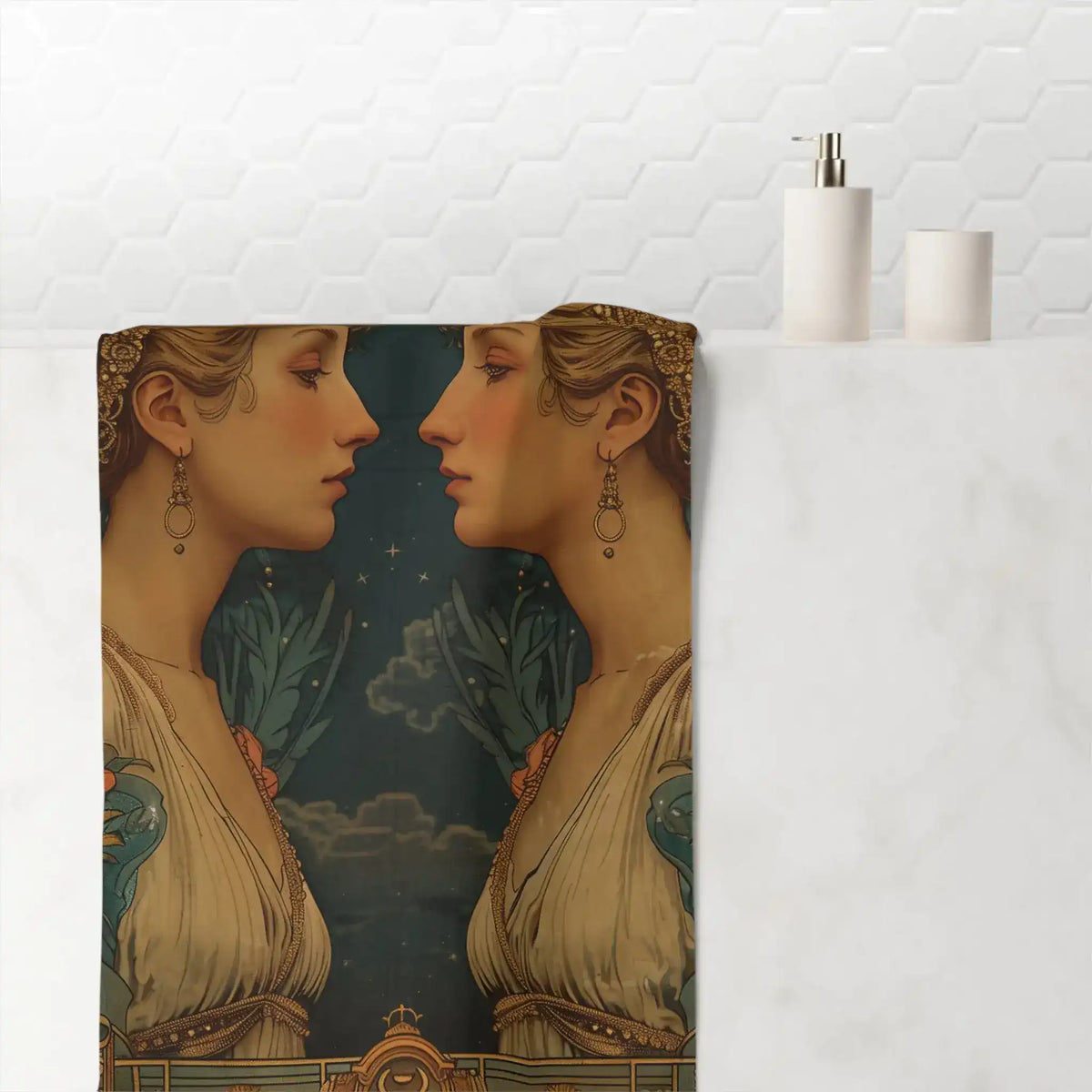 Gemini Zodiac Art bath towel draped over bathtub edge showing twin figure moonlit print, white tile bathroom