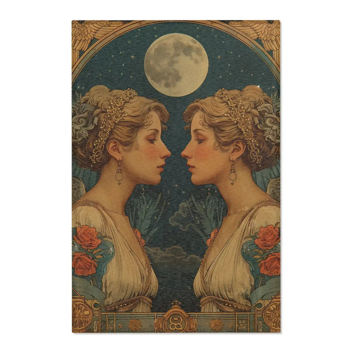 Gemini Zodiac Vintage Accent Rug second view of twin classical women in ivory gowns under glowing moon with rose and teal botanical accents