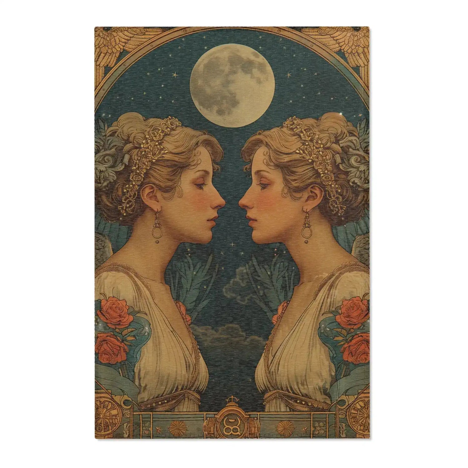 Gemini Zodiac Vintage Accent Rug second view of twin classical women in ivory gowns under glowing moon with rose and teal botanical accents