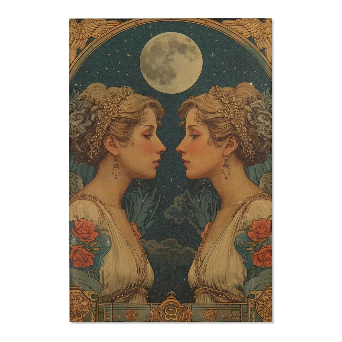 Gemini Zodiac Vintage Accent Rug third image showing dual mirrored women with golden headpieces beneath full moon on deep blue starry field