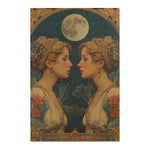 Gemini Zodiac Vintage Accent Rug third image showing dual mirrored women with golden headpieces beneath full moon on deep blue starry field