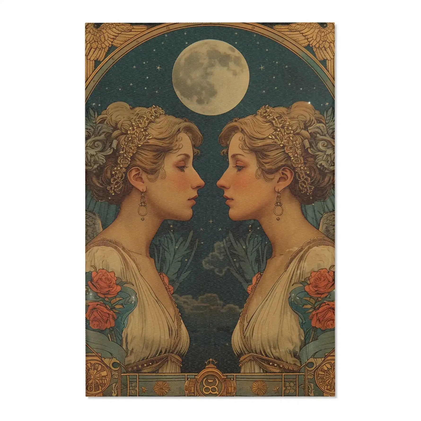 Gemini Zodiac Vintage Accent Rug third image showing dual mirrored women with golden headpieces beneath full moon on deep blue starry field