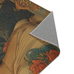 Gemini Zodiac Vintage Accent Rug back corner fold revealing grey backing against dark navy field with warm tan gown figures and orange roses
