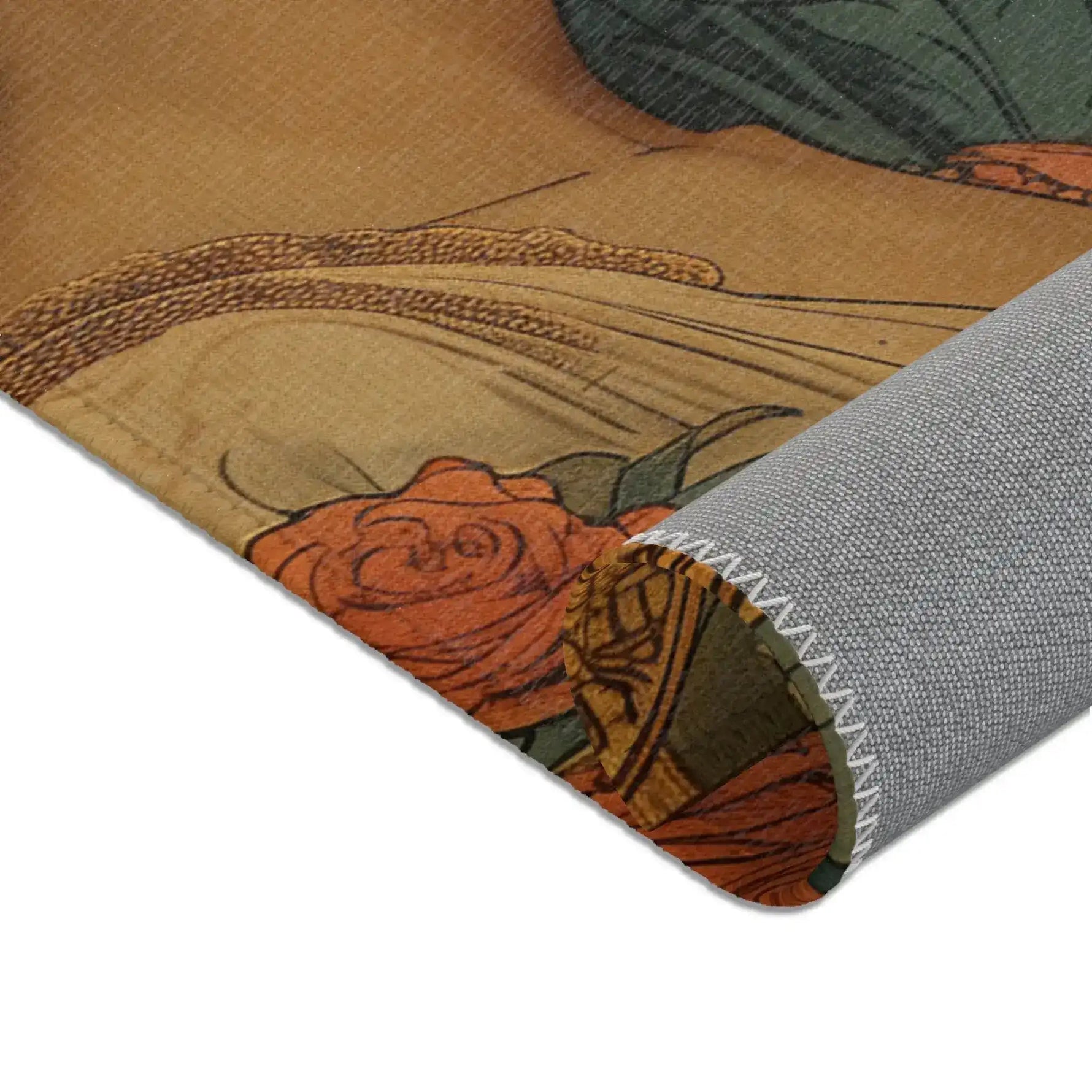 Gemini Zodiac Vintage Accent Rug corner folded showing warm tan ground with bold orange roses and art nouveau figure detail on grey backing