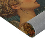 Gemini Zodiac Vintage Accent Rug rolled corner detail showing close profile of classical woman with jeweled headpiece and teal blue drape