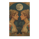Gemini Zodiac Vintage Accent Rug with two mirrored classical women facing each other beneath full moon in dark starry art nouveau style