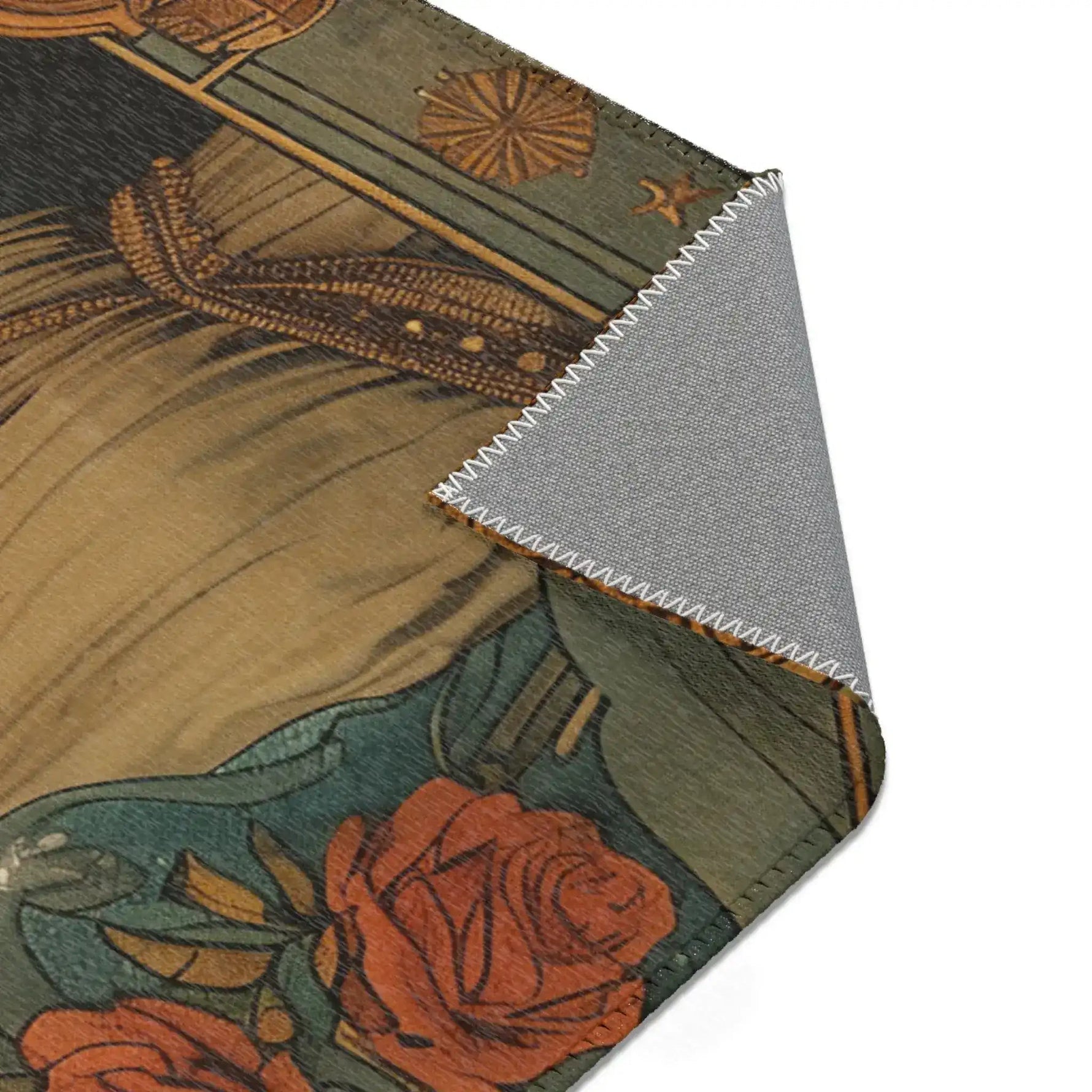 Gemini Zodiac Vintage Accent Rug olive teal corner fold showing art nouveau woman hair and orange rose botanical corner on grey backing