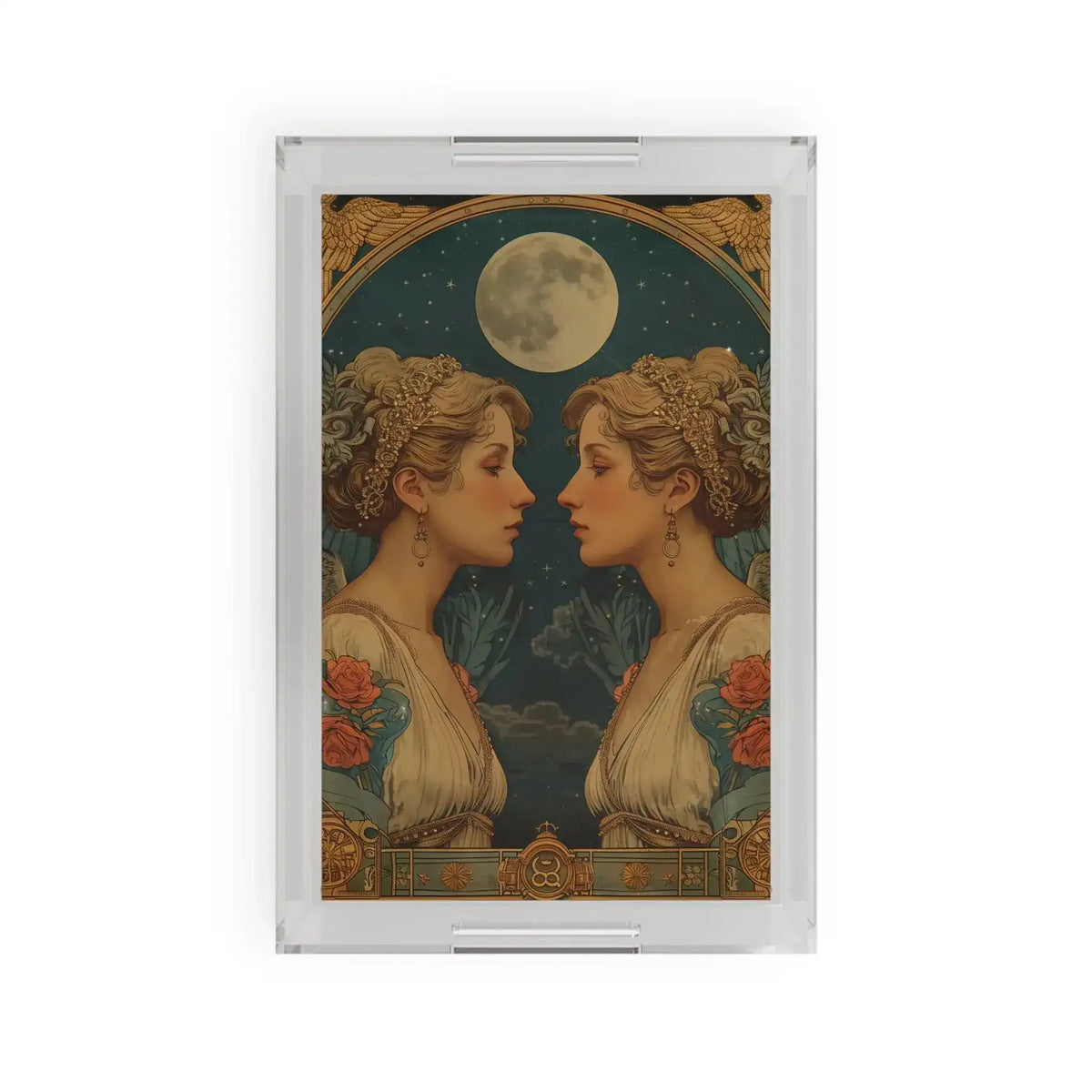 Gemini Zodiac Vintage Serving Tray clear acrylic two women facing under full moon and stars Art Nouveau roses