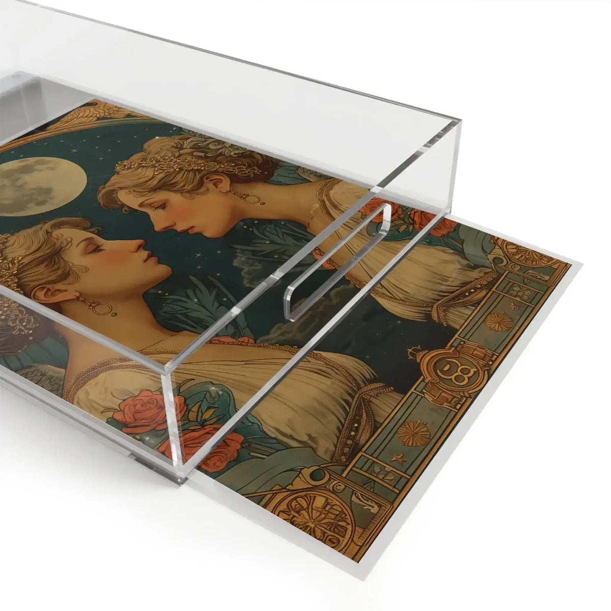 Gemini Zodiac Vintage Serving Tray angled side view clear acrylic two women facing moon roses Art Nouveau print