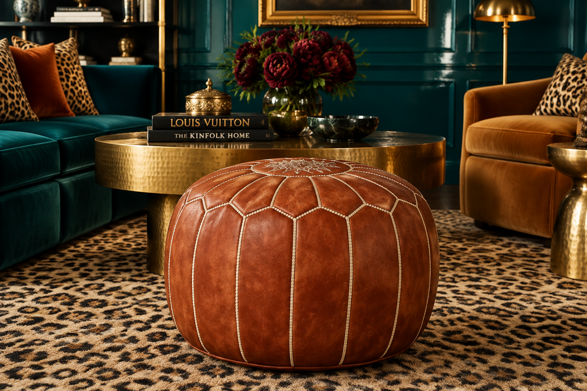 Genuine Leather Round Floral Pouf Ottoman - Brown