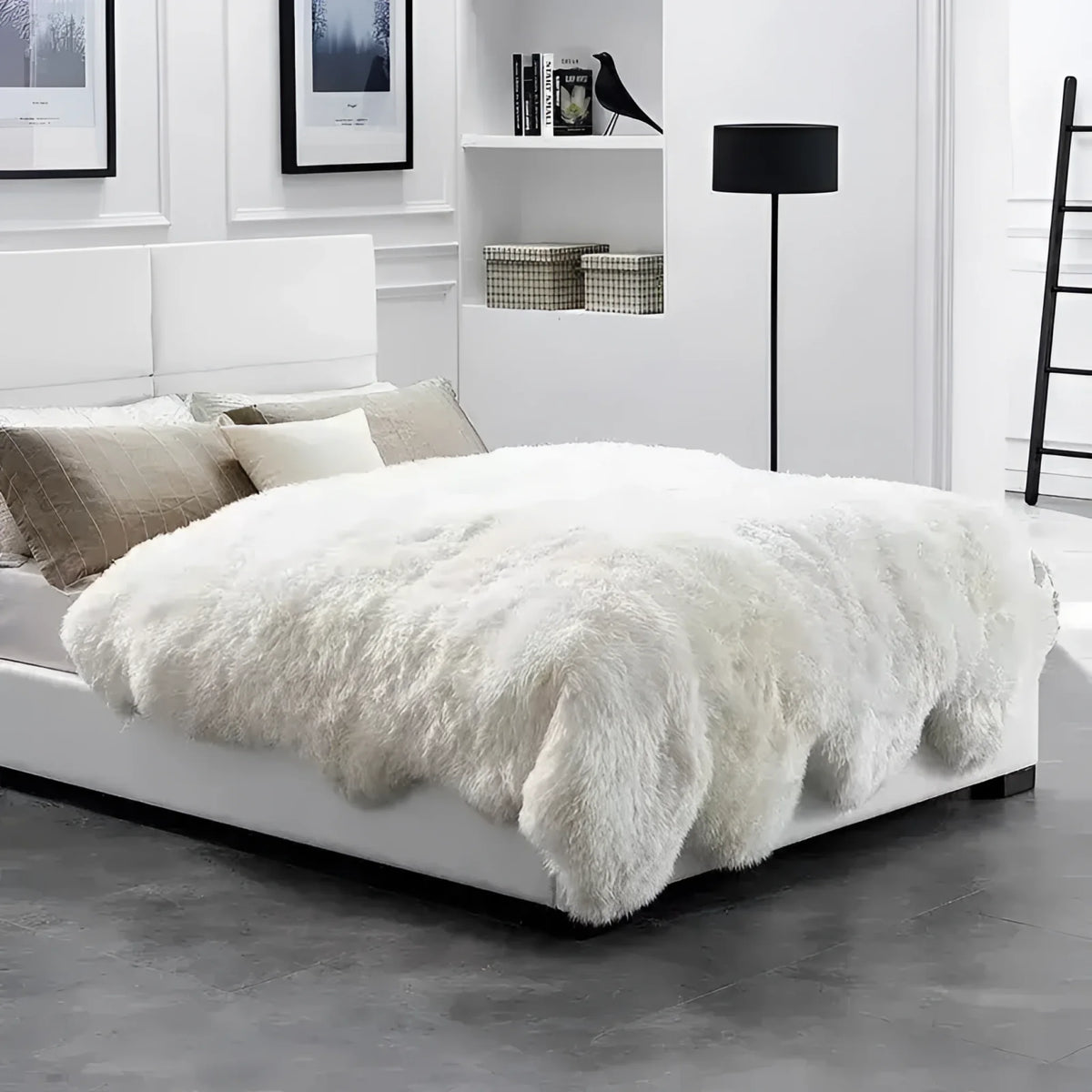 Luxurious Genuine Sheepskin Wool Area Rug draped elegantly over a modern bed in a stylish living room. Perfect for adding warmth and comfort to any living space, this area rug showcases soft, fluffy textures ideal for living room area rugs.
