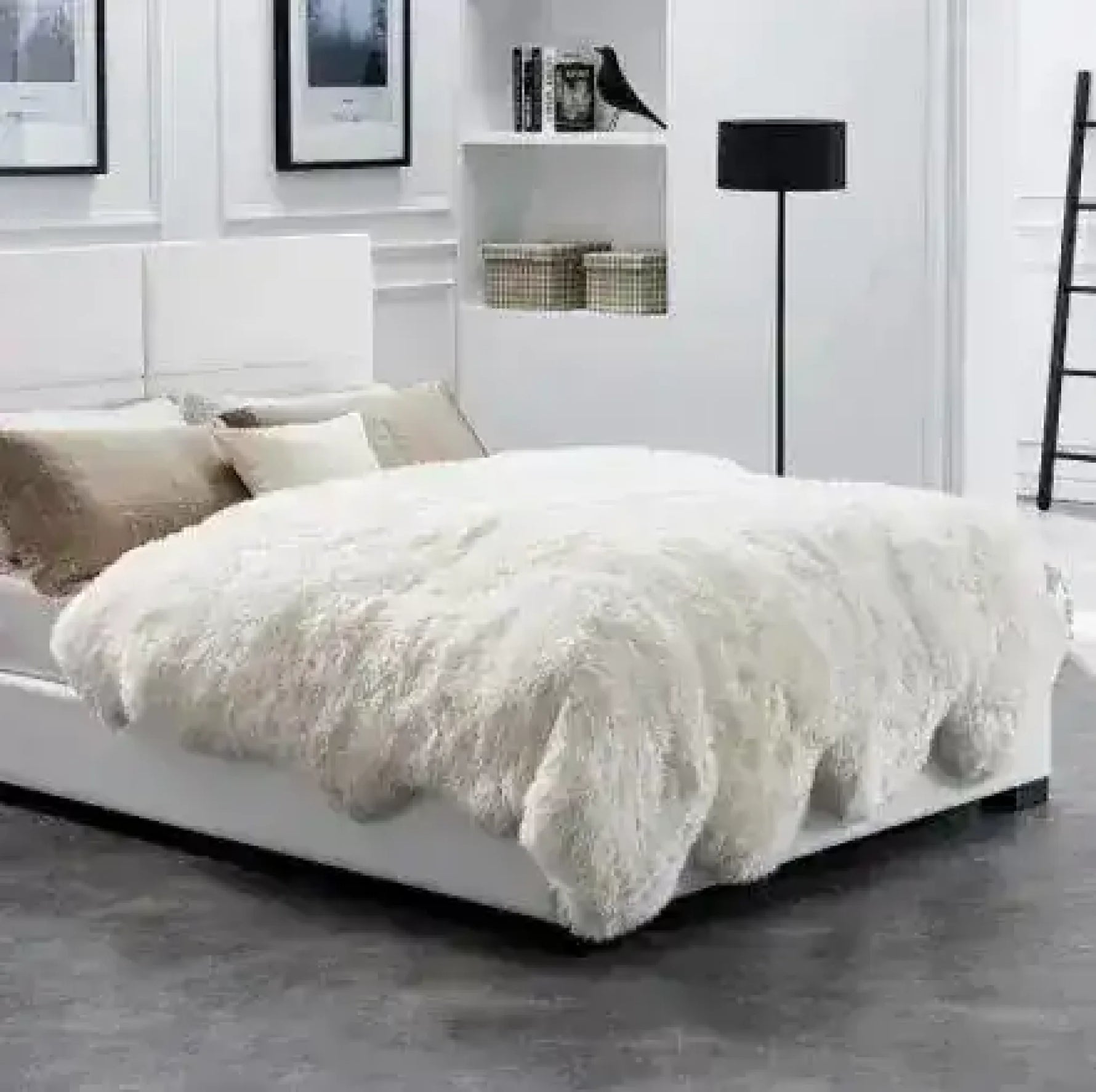 Luxurious Genuine Sheepskin Wool Rug draped elegantly over a modern bed in a stylish, minimalist bedroom setting. Ideal for those seeking plush area rugs for living room spaces, this living room area rug adds warmth and sophistication to any decor.