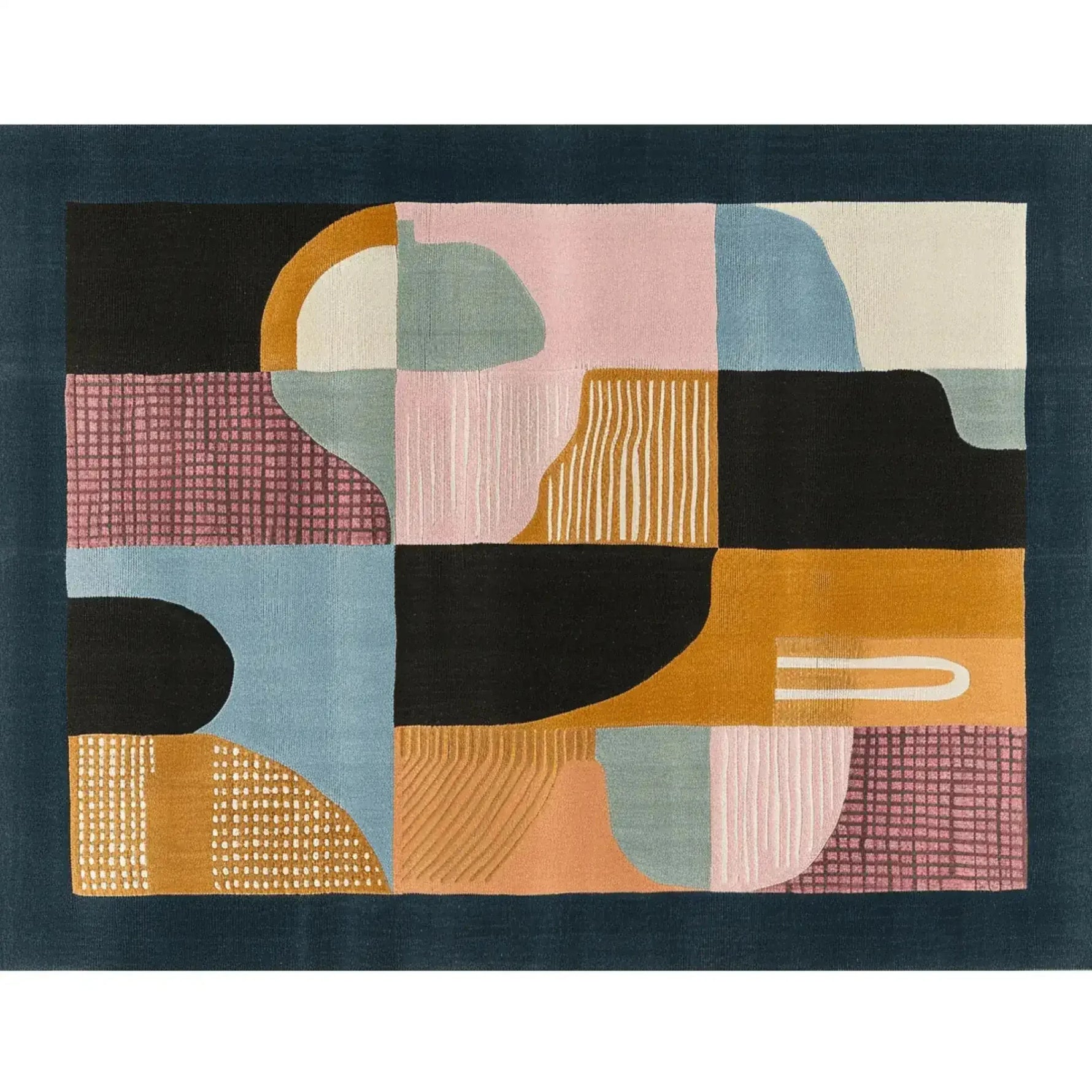 A stylish Geo Terra hand-tufted area rug with a contemporary abstract design, ideal for a dining room or office. This wool rug features a mix of vibrant colors and geometric patterns, perfect for adding a modern touch to formal dining room rugs or as a dining table rug centerpiece.