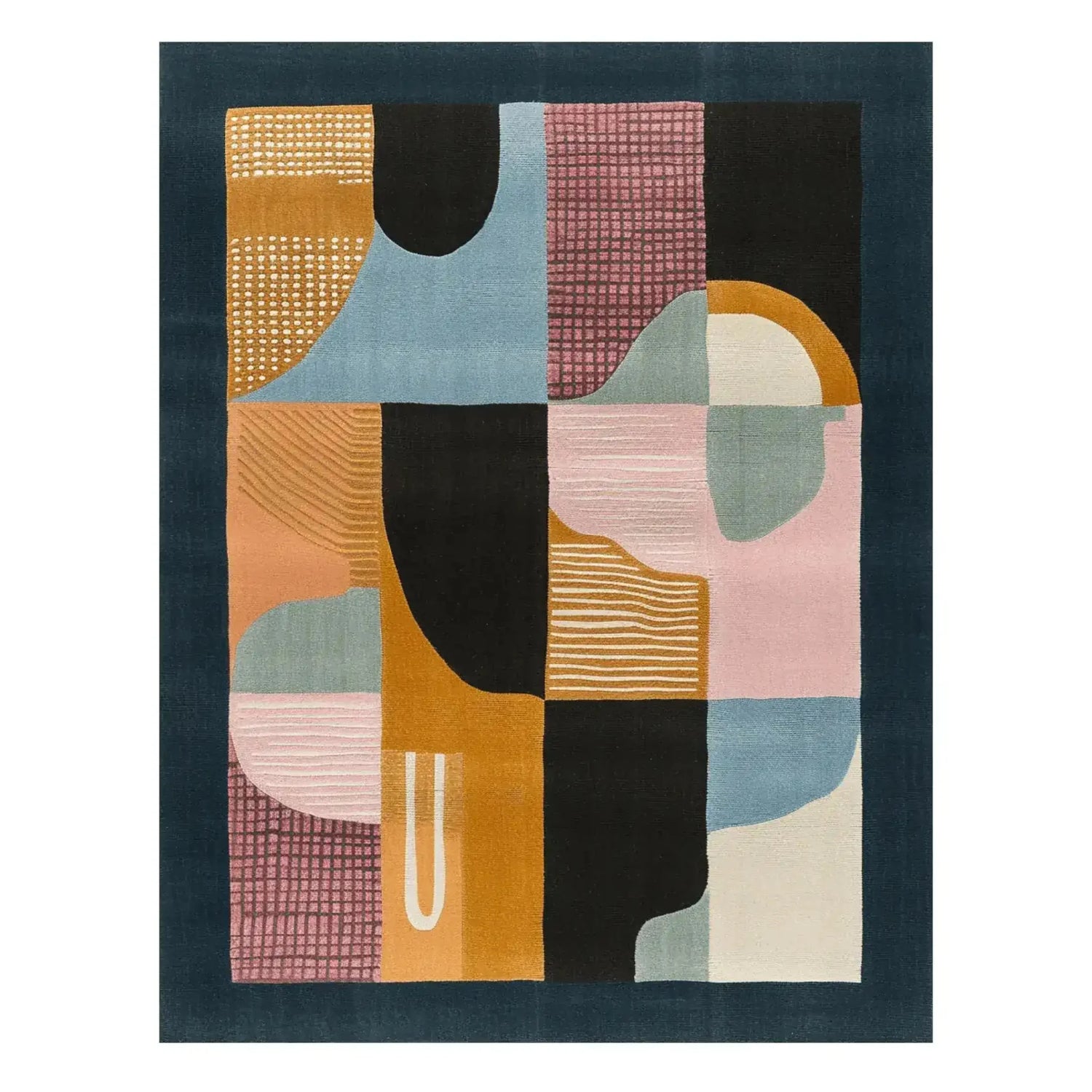 Geo Terra Hand Tufted Area Rug featuring an abstract design with bold colors like orange, pink, blue, and black. Perfect for adding a contemporary touch to a dining room, office, or formal dining room. This wool rug brings a modern flair under a dining table.