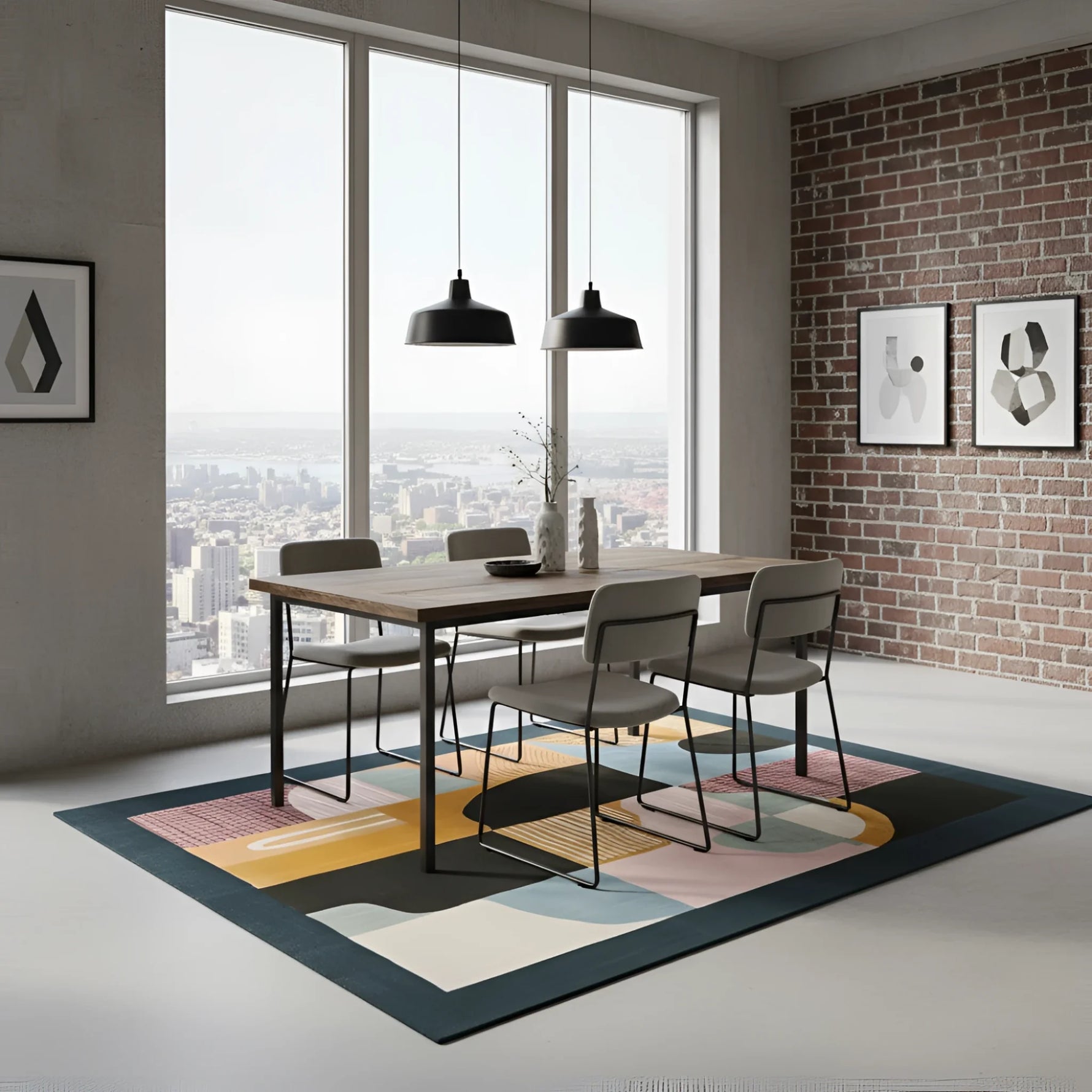 Geo Terra rug with navy border and pastel geometric color blocks under a loft dining table