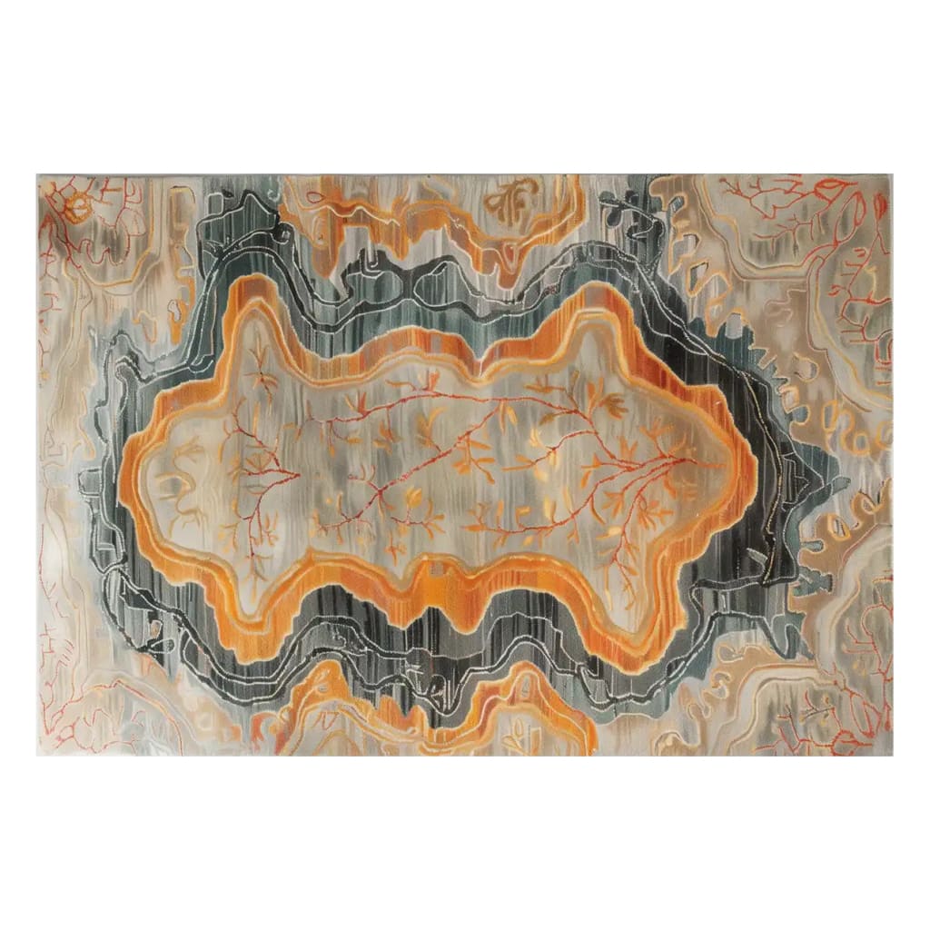 Top view of the Geode Reverie Hand Tufted Wool Rug showcasing its intricate abstract design. The area rug features a swirling pattern of earthy tones with orange, gray, and beige hues, perfect for adding a vintage touch to living room area rugs. This wool rug's unique style makes it an ideal choice for area rugs for living room settings.