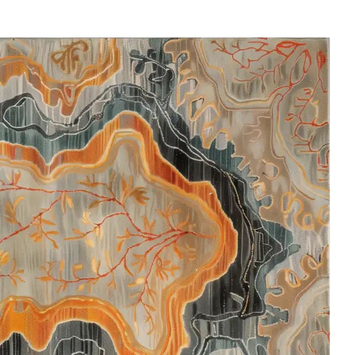 Top view of the Geode Reverie Hand Tufted Wool Rug showcasing its intricate abstract design in earthy tones with vibrant orange and blue accents. This area rug is perfect for adding a vintage touch to living room spaces, highlighting the luxurious texture of a wool rug.