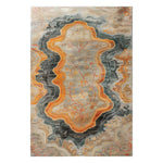 Top view of the Geode Reverie Hand Tufted Wool Rug, showcasing its abstract geode-inspired design with vibrant orange, gray, and beige hues. This area rug is perfect for adding a vintage touch to living room decor, highlighting the intricate patterns and luxurious feel of a wool rug.