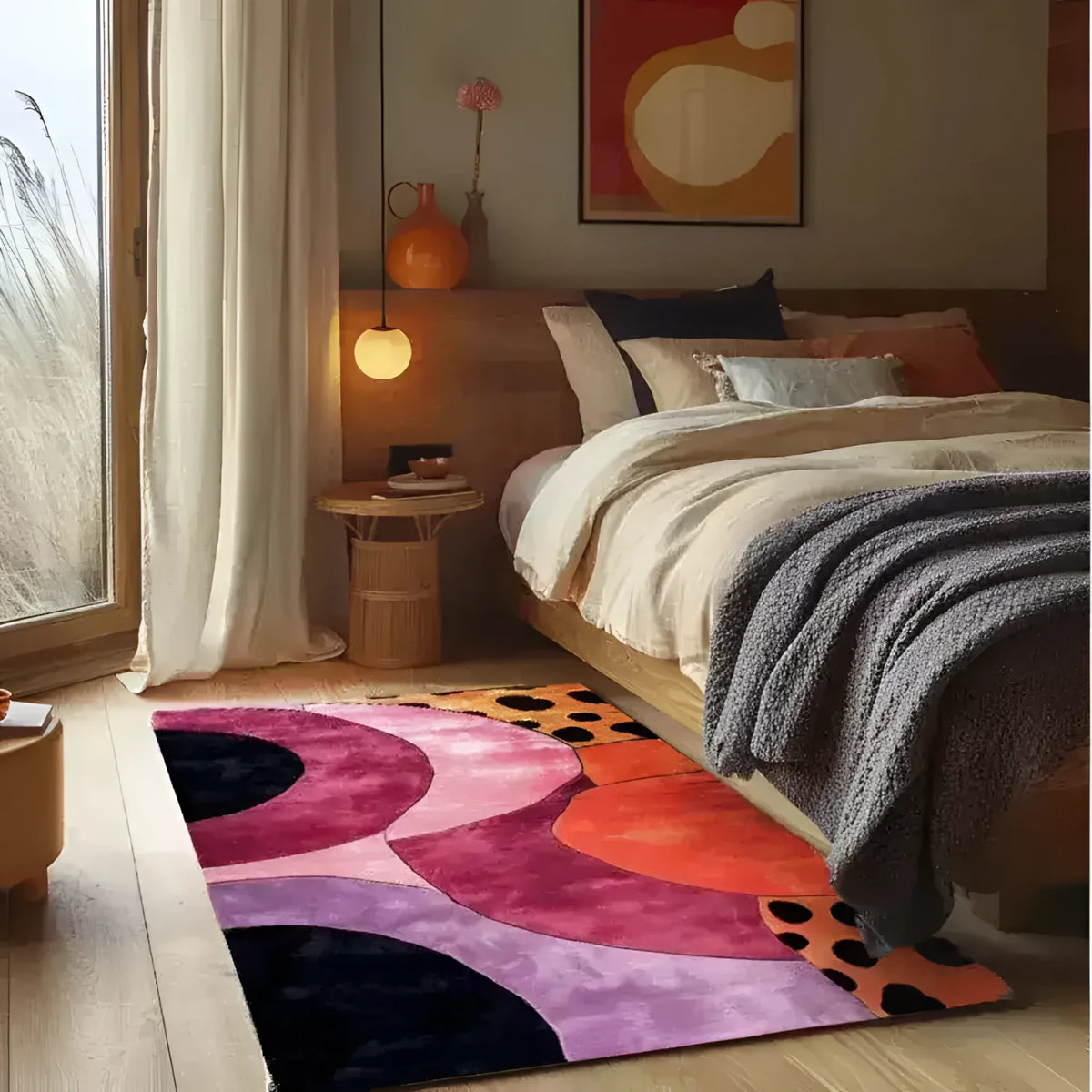 Bright and colorful geometric area rug in a modern bedroom setting with wooden floors. The wool rug, featuring bold abstract patterns, adds a contemporary touch, perfect for living room or hallway runner rug. Ideal for those seeking large area rugs or kitchen runner rugs.
