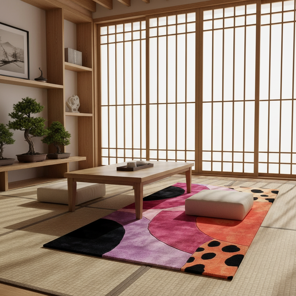 Modern interior design with a colorful rug, wooden table, and shelves with plants.