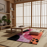 Modern interior design with a colorful rug, wooden table, and shelves with plants.