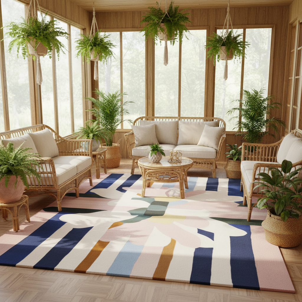 Living room with wicker furniture, plants, and a colorful rug.