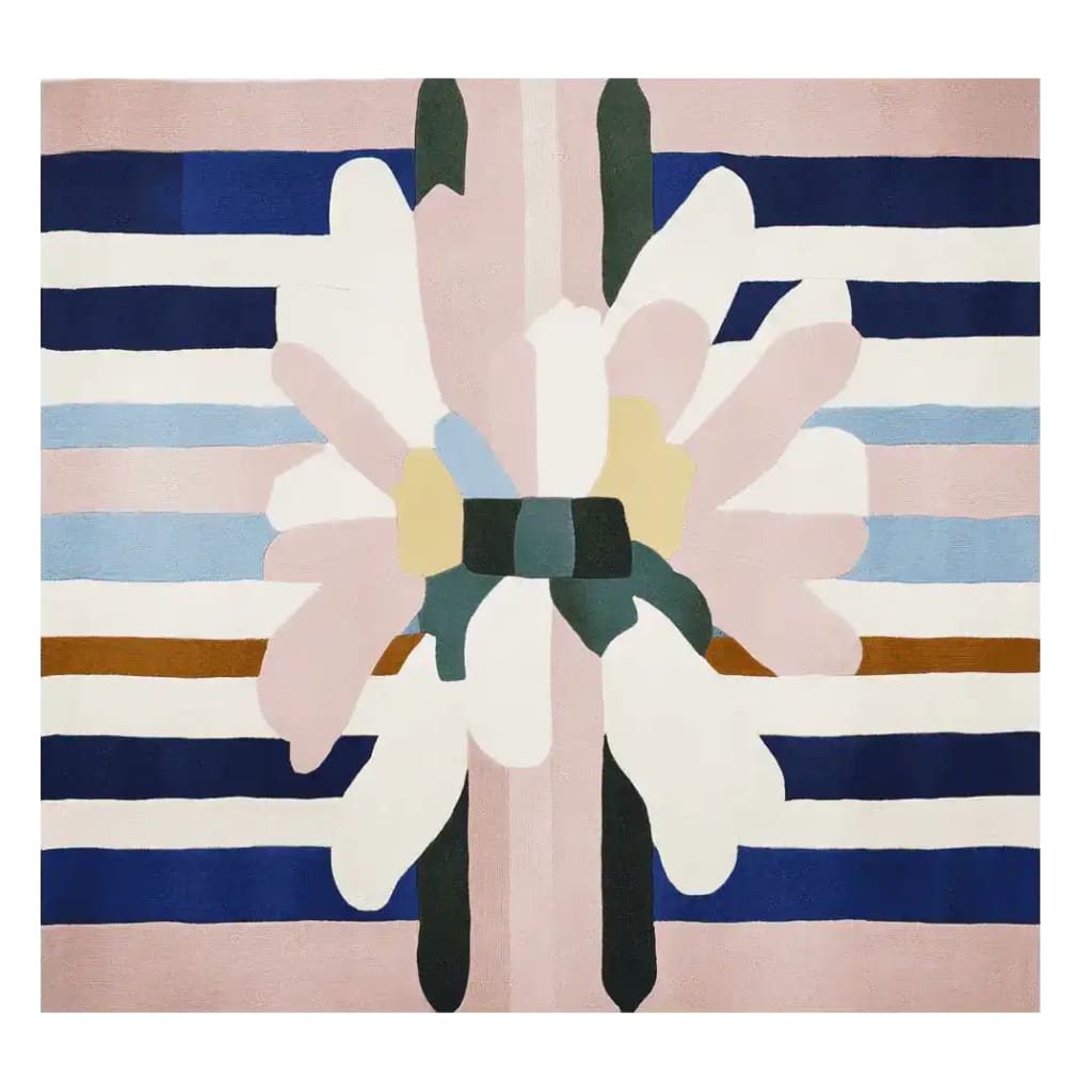 A contemporary area rug with a bold geometric design featuring stripes and abstract shapes in pastel and muted tones, perfect for a modern living room. This square area rug is hand tufted from wool, making it a stylish and durable choice for large living room spaces.