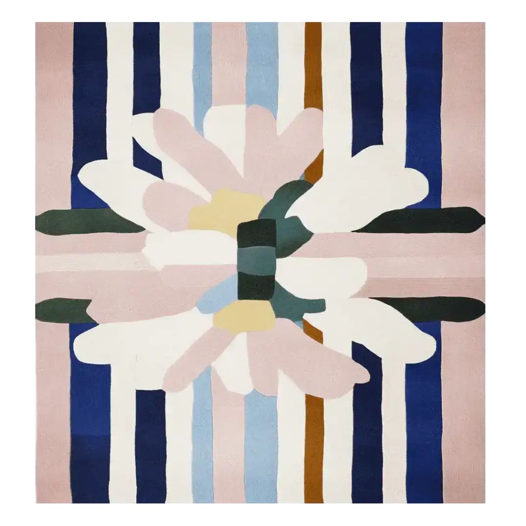 A contemporary, hand-tufted wool area rug featuring a geometric pattern with bold stripes in blue, pink, and brown, and abstract floral motifs. Ideal for adding a modern touch to large living rooms, this square area rug offers both style and comfort.