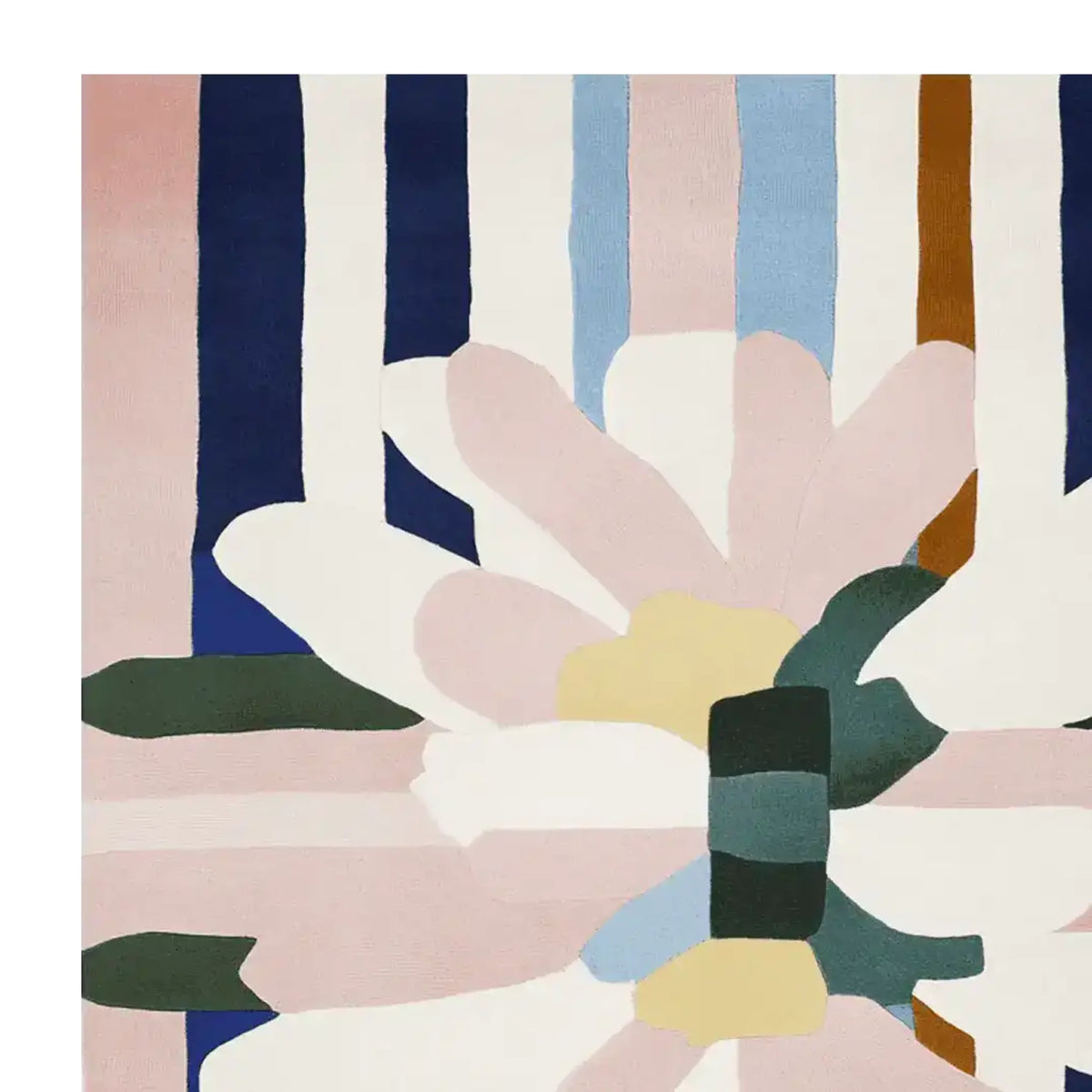 This contemporary area rug features an abstract floral design with bold geometric shapes, perfect for adding a modern touch to any living room. The hand-tufted wool rug showcases a mix of pastel and bold colors like pink, blue, and green, making it an eye-catching square area rug suitable for large spaces.