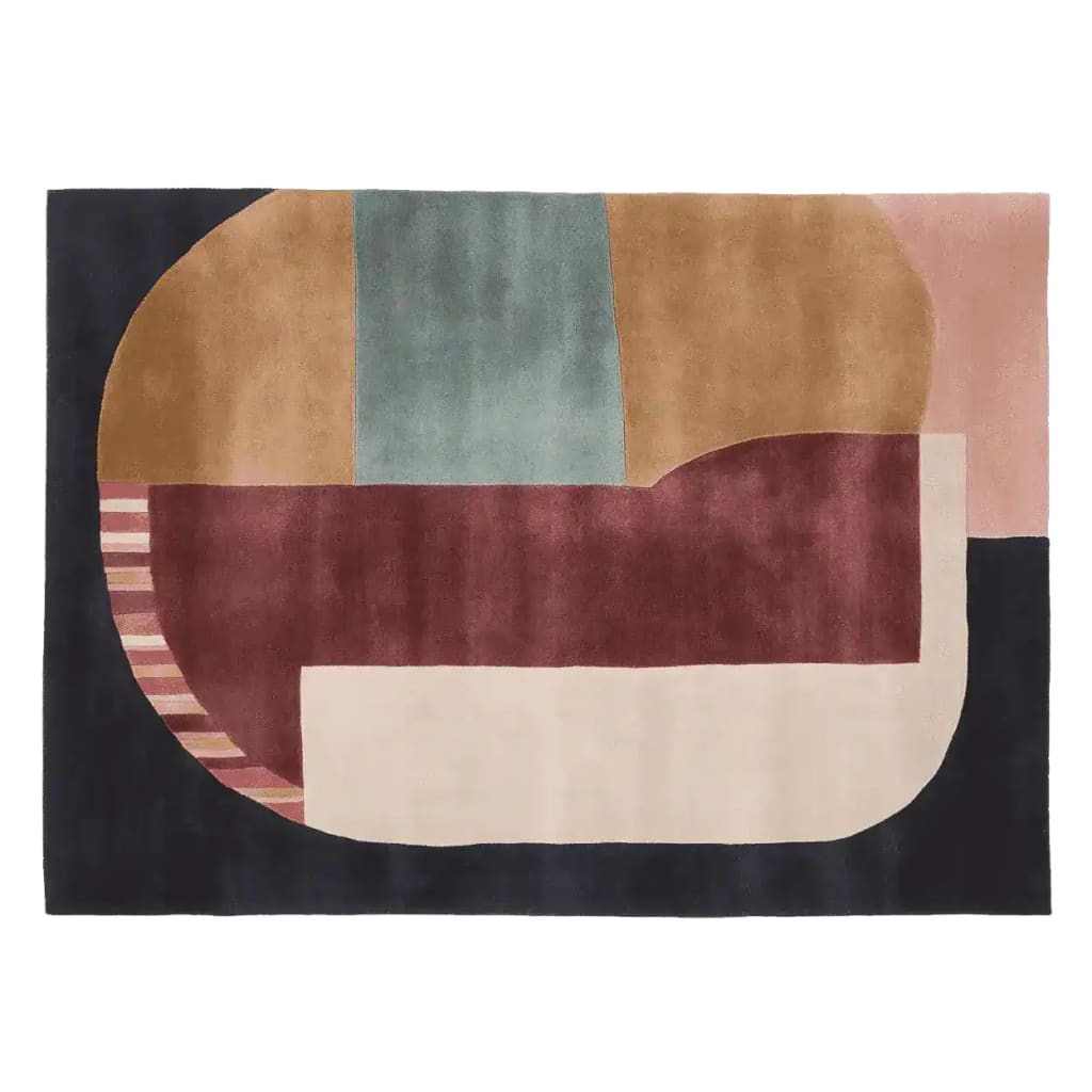 This is a top-view image of the Geometric Block Harmony Hand Tufted Rug, showcasing its contemporary abstract design. The area rug features a harmonious blend of colors including beige, maroon, teal, and pink, making it an ideal wool rug for modern living rooms. Perfect for those seeking unique living room area rugs, this contemporary rug adds a touch of artistic flair to any space.