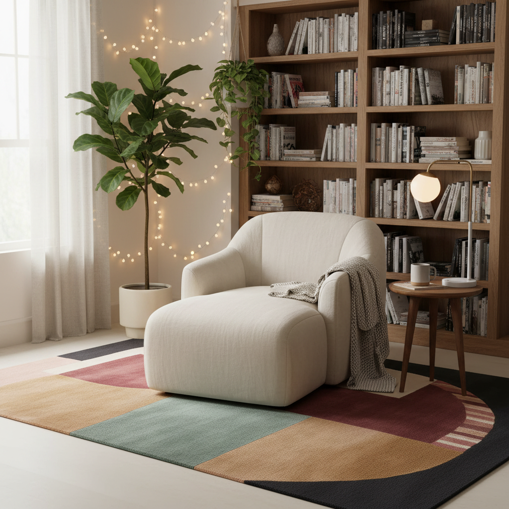 Cozy living room with a beige armchair, colorful rug, and bookshelf.