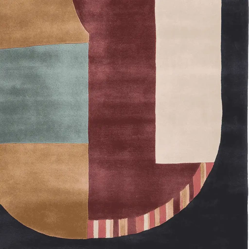 A stylish Geometric Block Harmony Hand Tufted Rug showcasing an abstract design with earthy tones and a bold mix of colors. This contemporary area rug is made of high-quality wool, perfect for enhancing the aesthetics of living room spaces. Ideal for those seeking a modern touch with a unique pattern in their living room area rugs.