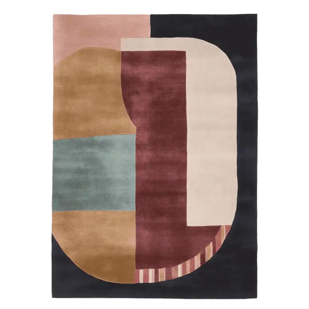 Top view of the Geometric Block Harmony Hand Tufted Area Rug showcasing an abstract design with bold colors like beige, blue, and burgundy. This contemporary wool rug is perfect for adding a modern touch to living room area rugs, enhancing the aesthetics of any space.