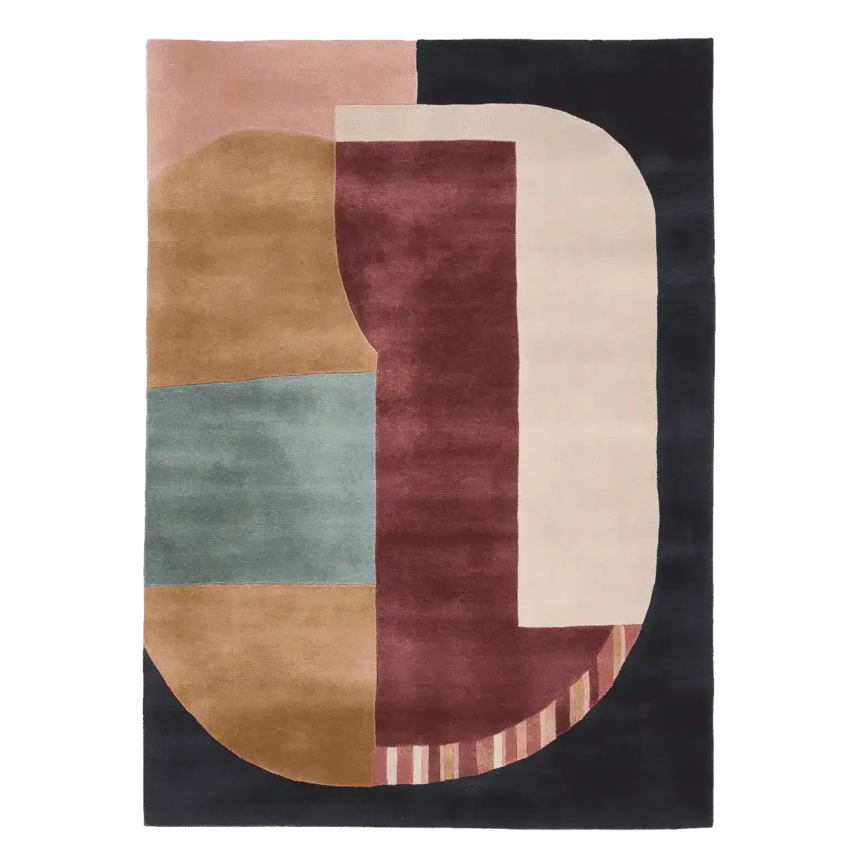 Top view of the Geometric Block Harmony Hand Tufted Area Rug showcasing an abstract design with bold colors like beige, blue, and burgundy. This contemporary wool rug is perfect for adding a modern touch to living room area rugs, enhancing the aesthetics of any space.