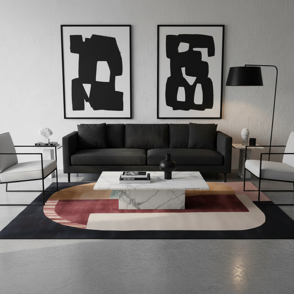 Modern living room with black sofa, abstract art, and geometric rug.