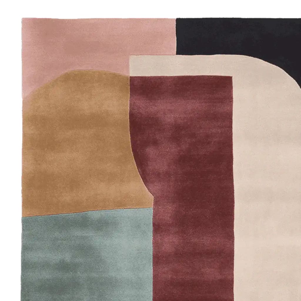 Top view of a Geometric Block Harmony Hand Tufted Area Rug, showcasing a modern design with bold, colorful shapes. This wool rug is perfect for adding a contemporary touch to living room area rugs, enhancing the decor with its unique pattern.