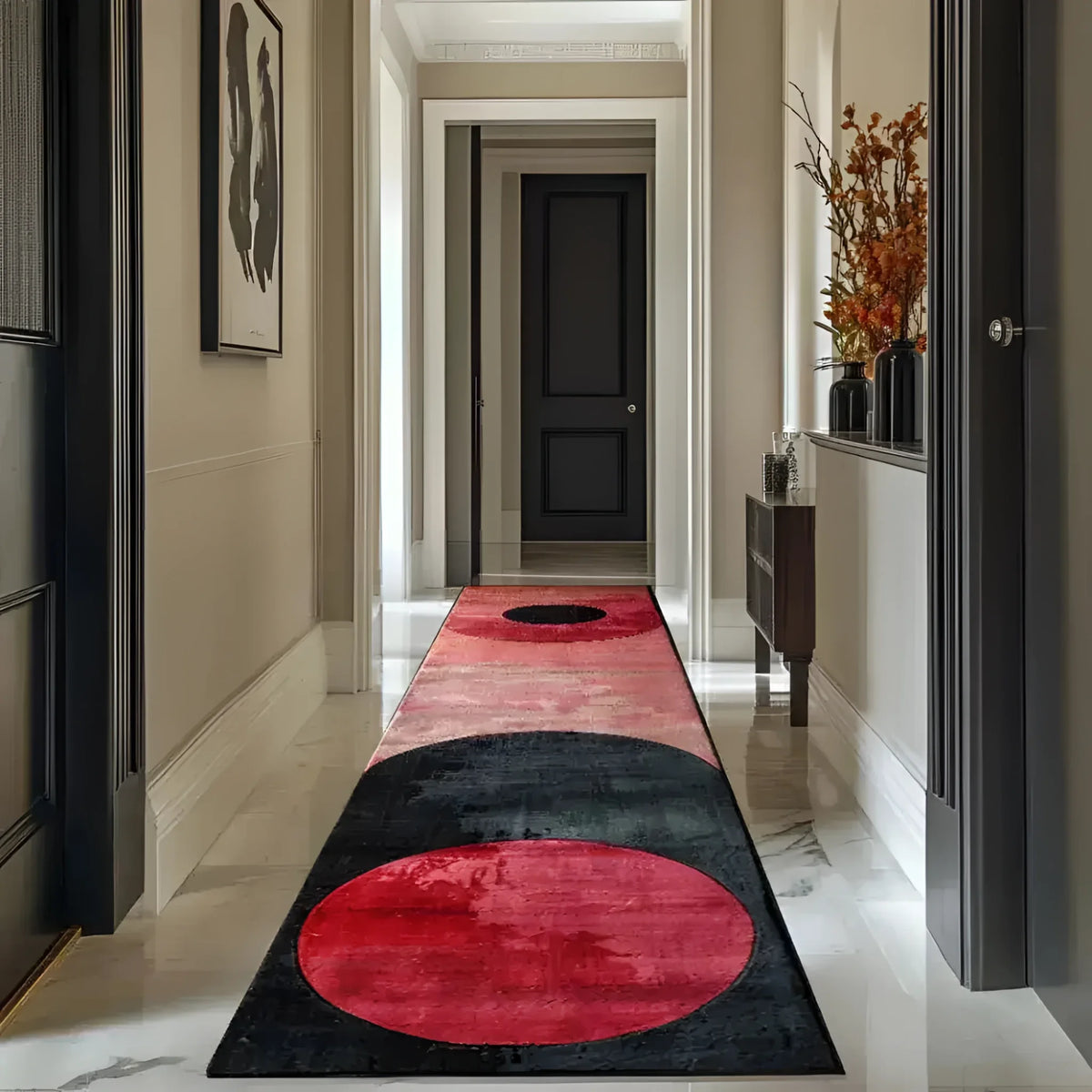 Elegant hallway showcasing a Geometric Fusion Hand Tufted Wool Runner Rug with bold red and black circular patterns. This contemporary wool rug adds a striking visual element, perfect for large area rugs for living rooms, kitchen rugs, or as a hallway runner rug.