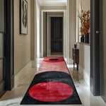 Elegant hallway showcasing a Geometric Fusion Hand Tufted Wool Runner Rug with bold red and black circular patterns. This contemporary wool rug adds a striking visual element, perfect for large area rugs for living rooms, kitchen rugs, or as a hallway runner rug.