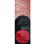 This contemporary handmade wool rug features a striking geometric design with bold red and black circles on a textured background. Ideal as a hallway runner rug or a stylish addition to any room, it's perfect for those looking for large area rugs for living room, kitchen rugs, or a bathroom runner rug.
