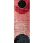 Top view of a Geometric Fusion Hand Tufted Wool Runner Rug, featuring bold red and black circular patterns on a textured pink background. Perfect for adding a contemporary touch to large living areas, kitchens, or hallways.