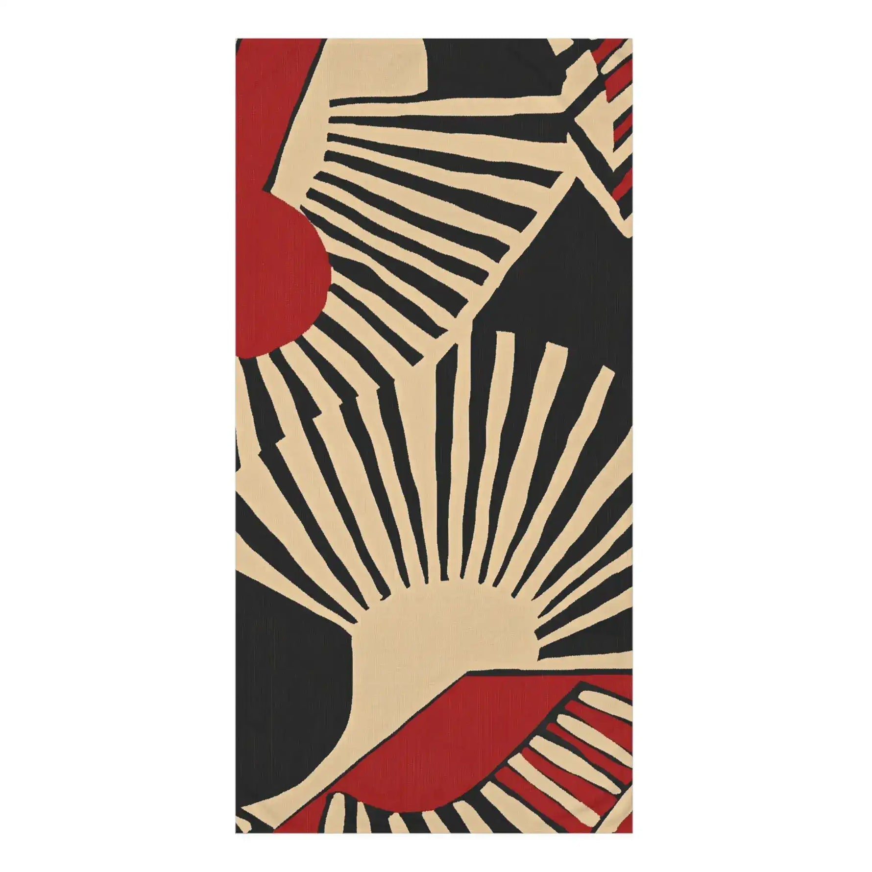 Geometric Mid-Century Modern Bath Towel front, circular art print with dreamy woman on Persian rug amid garden flowers