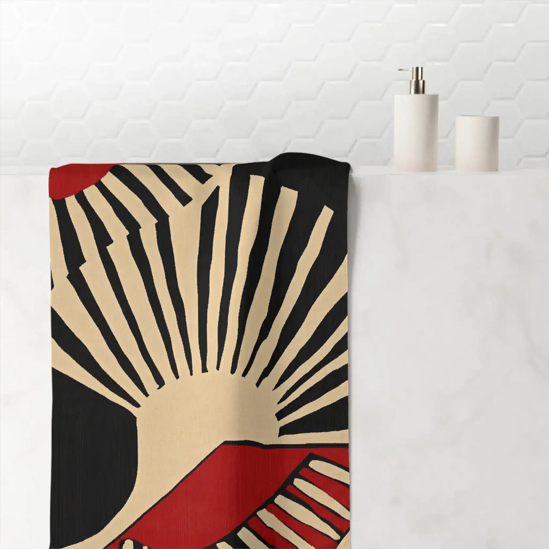Geometric Mid-Century Modern Bath Towel print view, abstract dark silhouette portrait with golden stripe on grey linen-textured ground