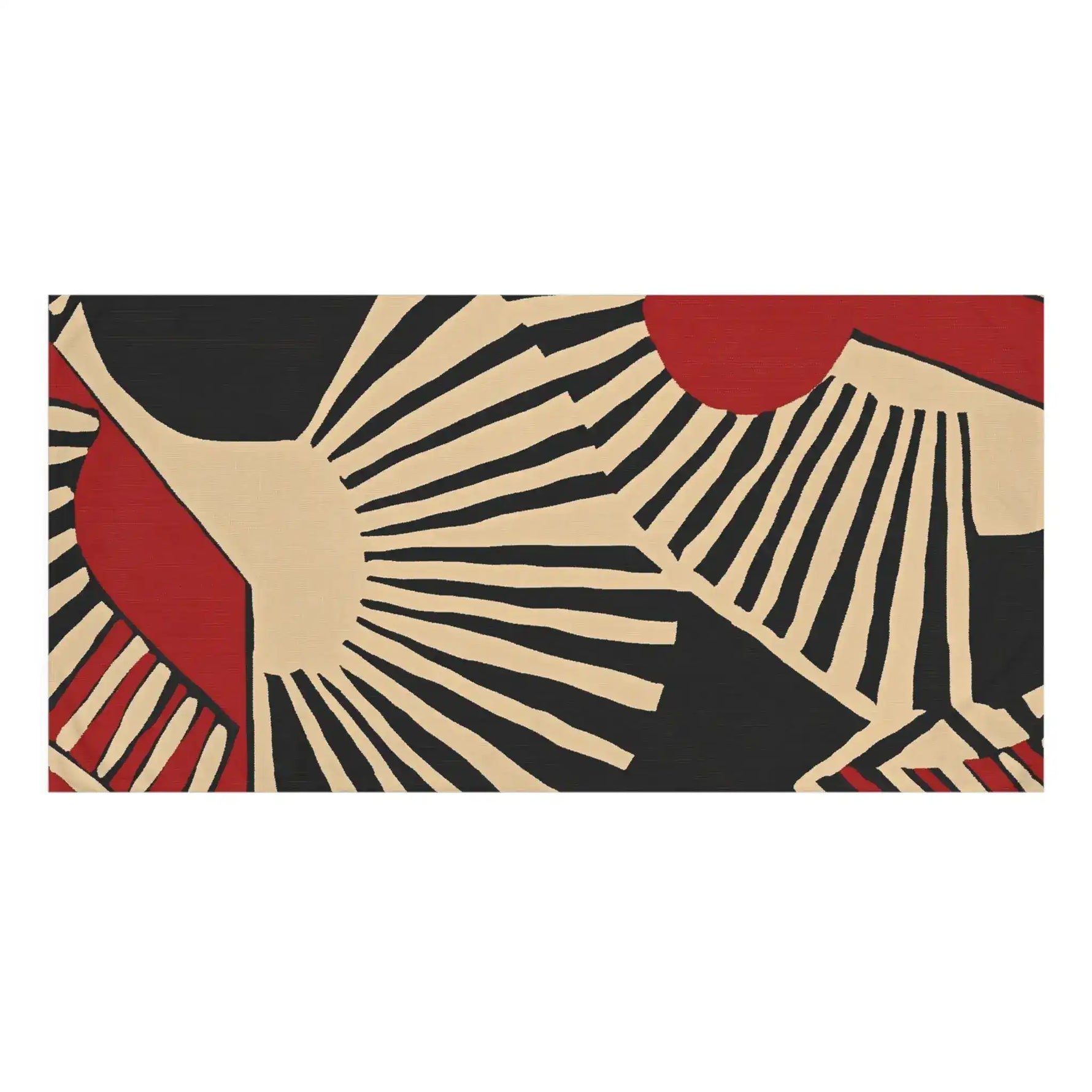 Geometric Mid-Century Modern Bath Towel side view, abstract dark portrait in hat with gold accent stripe, charcoal and grey woven textile
