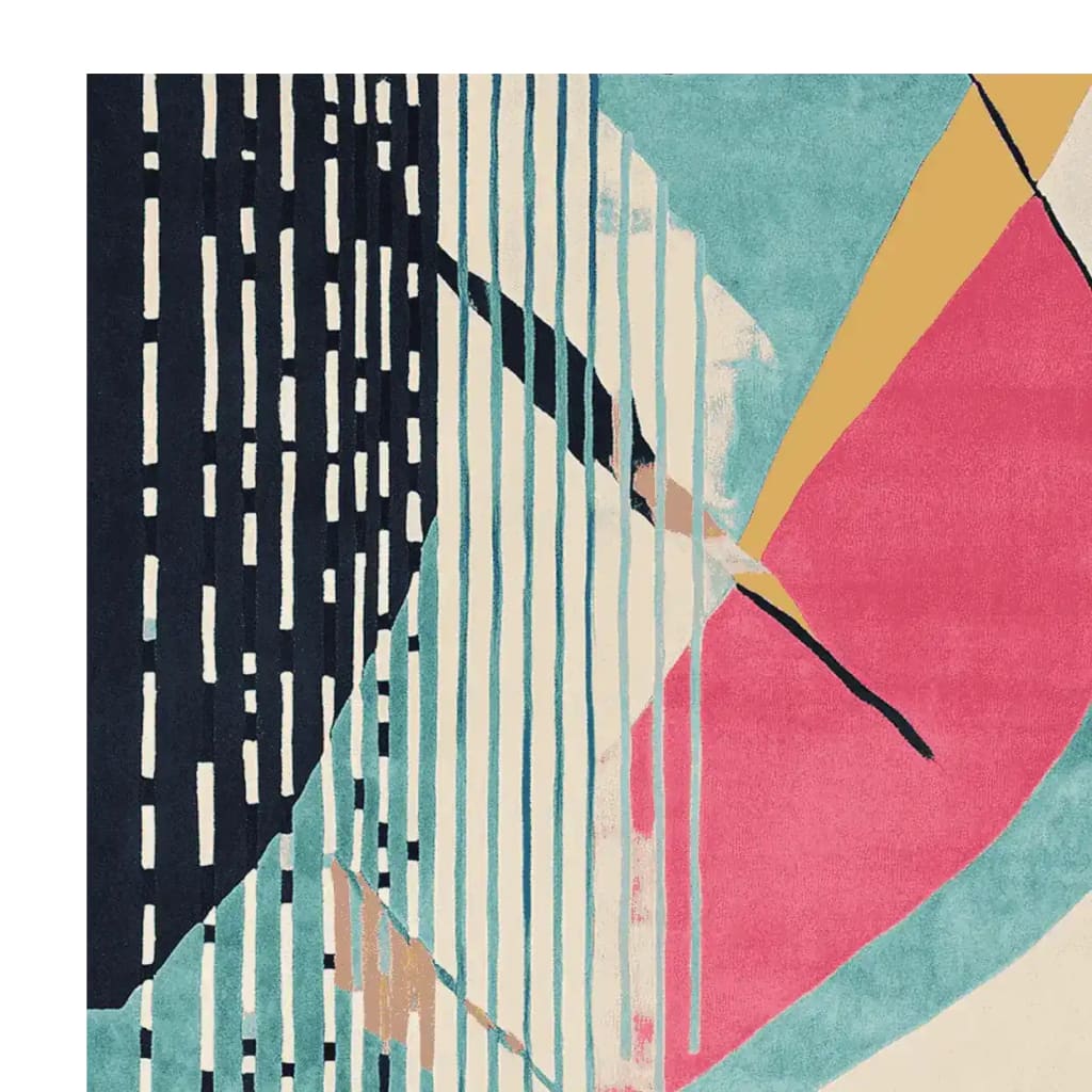 This vibrant area rug features a geometric noise pattern with bold hues of blue, pink, and yellow, ideal for adding a contemporary touch to your living space. Perfect as a wool rug for large living rooms, this 8x10 rug combines modern design with comfort, making it a standout piece among contemporary rugs.