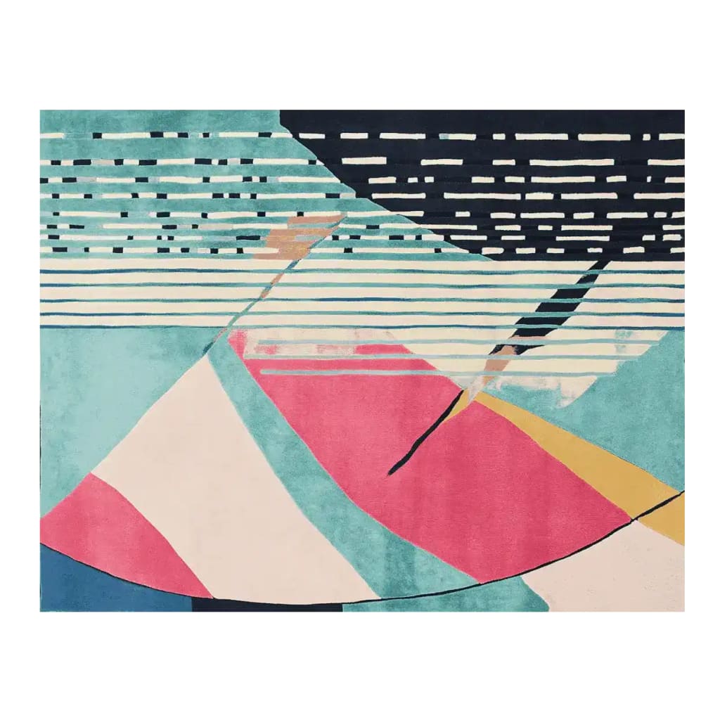 A vibrant Geometric Noise Pattern Hand Tufted Area Rug showcasing an abstract design with a mix of rich colors including teal, pink, and mustard. Crafted from high-quality wool, this contemporary rug is ideal for adding a modern touch to large living rooms. Perfect as a living room rug 8x10, it blends artistic flair with functional style.